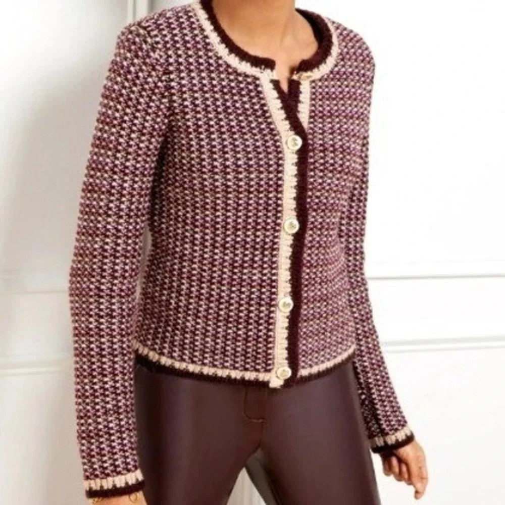 TALBOTS Women's 1X Purple Pink Tweed Crewneck Cardigan Sweater Knit Button Front